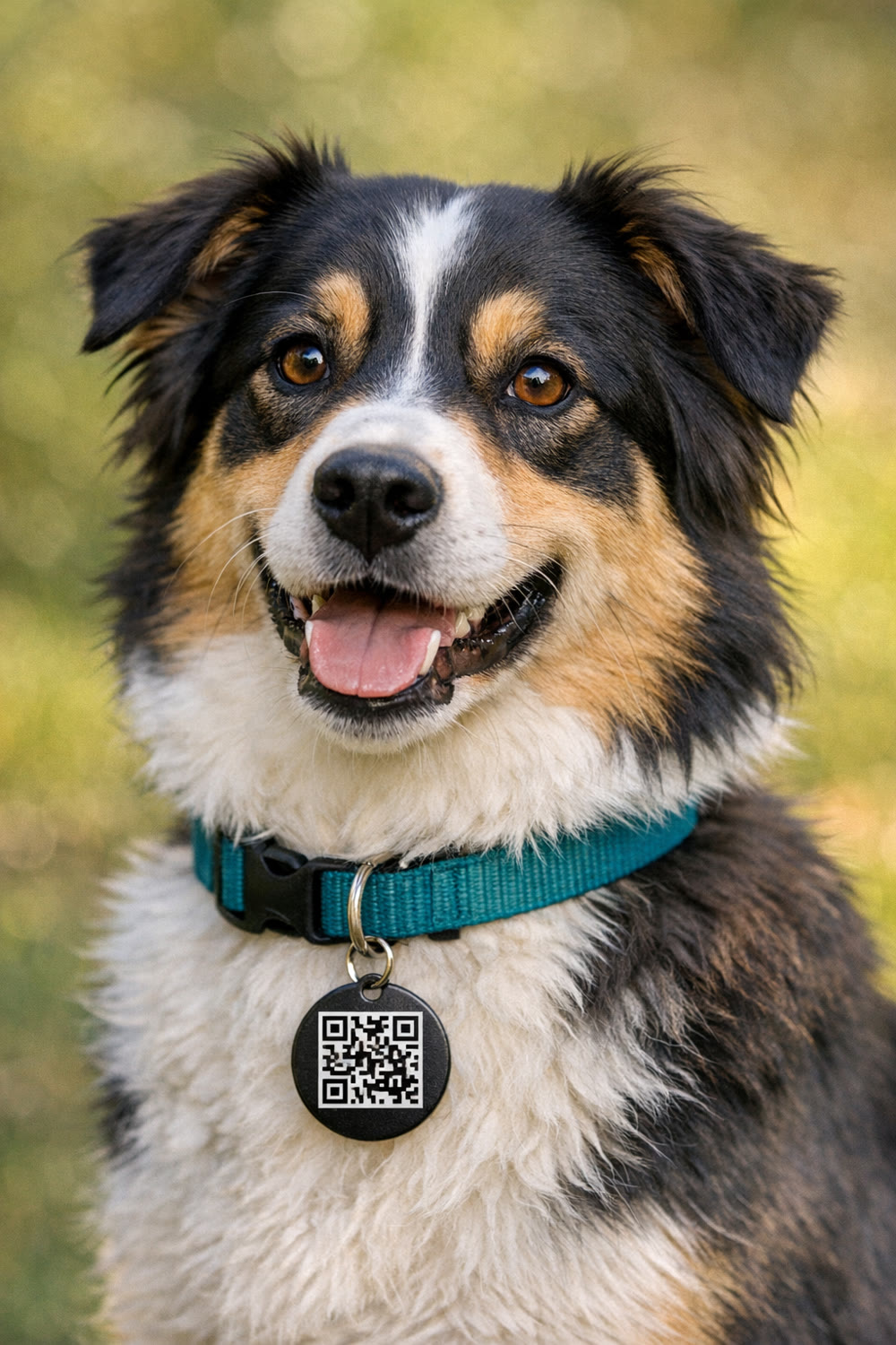 A smiling dog with a QR code recovery tag on its collar