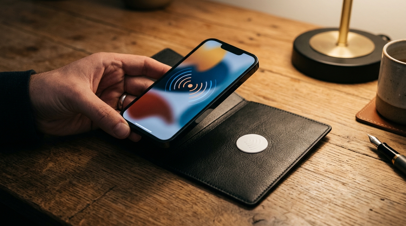 A phone tapping an NFC tag on a leather wallet to open a page