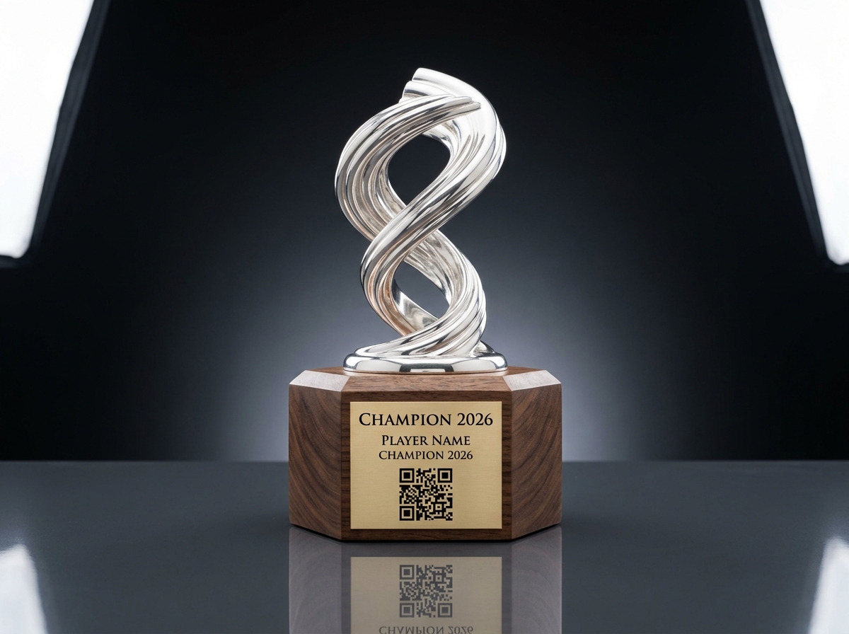 An engraved trophy with a scannable QR code on its base